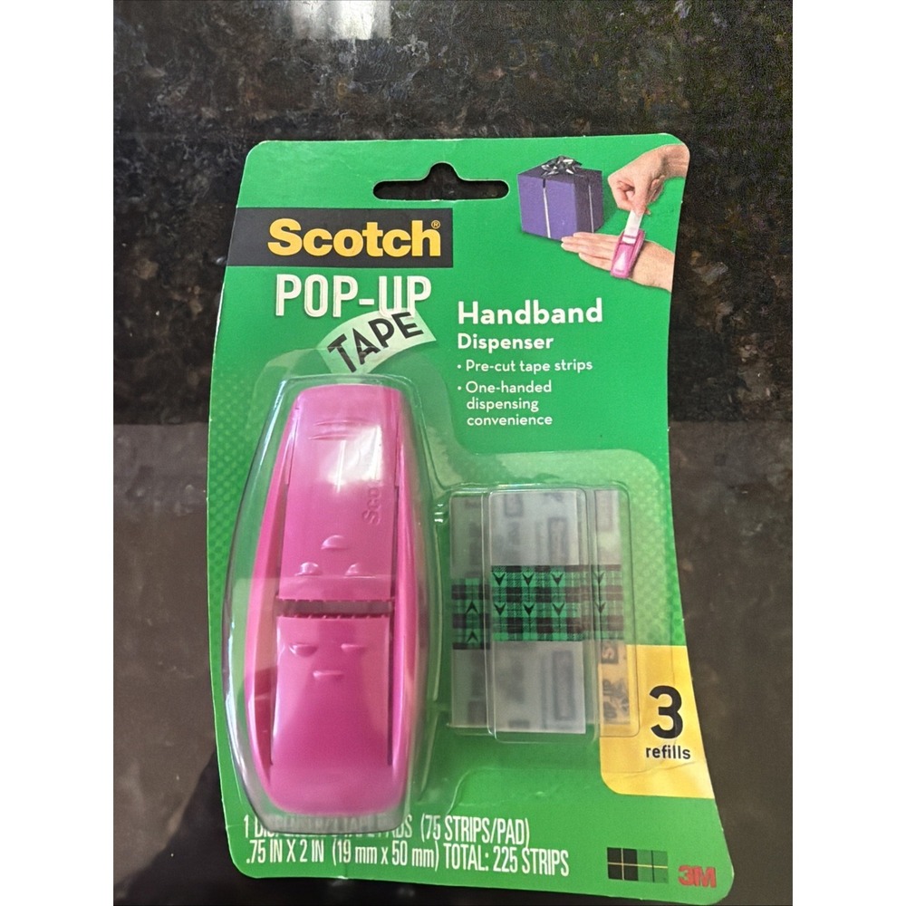 New Scotch Pop-Up Tape Handband Dispenser Pink With Strips 75 Ct